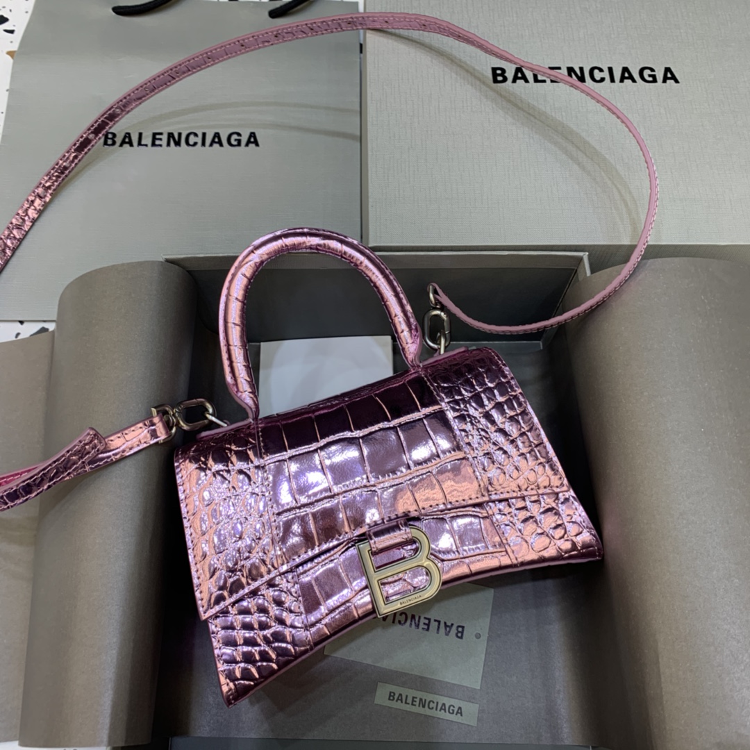 Balenciaga Hourglass XS Handbag Crocodile Embossed Shoulder Bag Purple